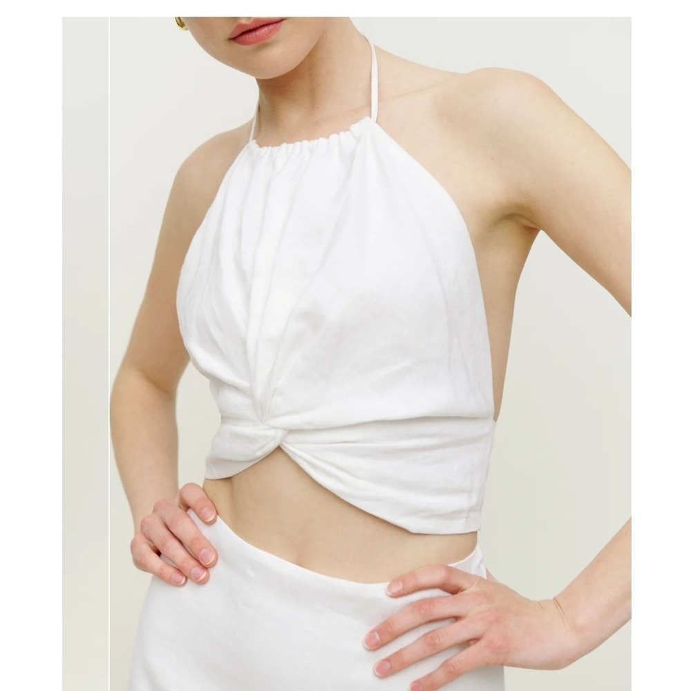 Reformation Linen Halter Top Womens 10 White New Twisted Front Open Back Tie